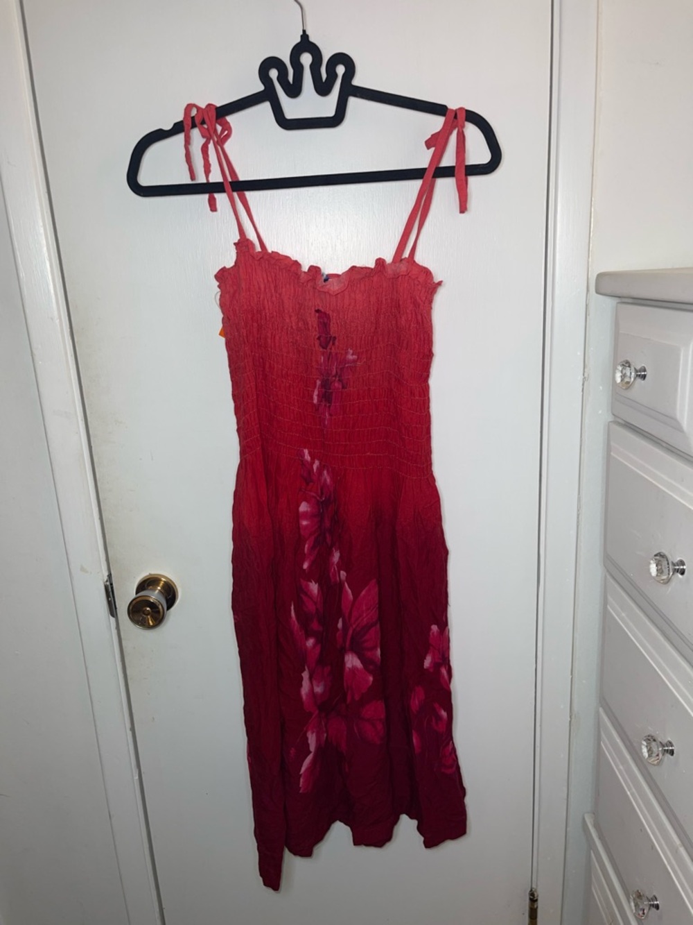 EUC Red Tie-Shoulder Smocked Floral Sundress